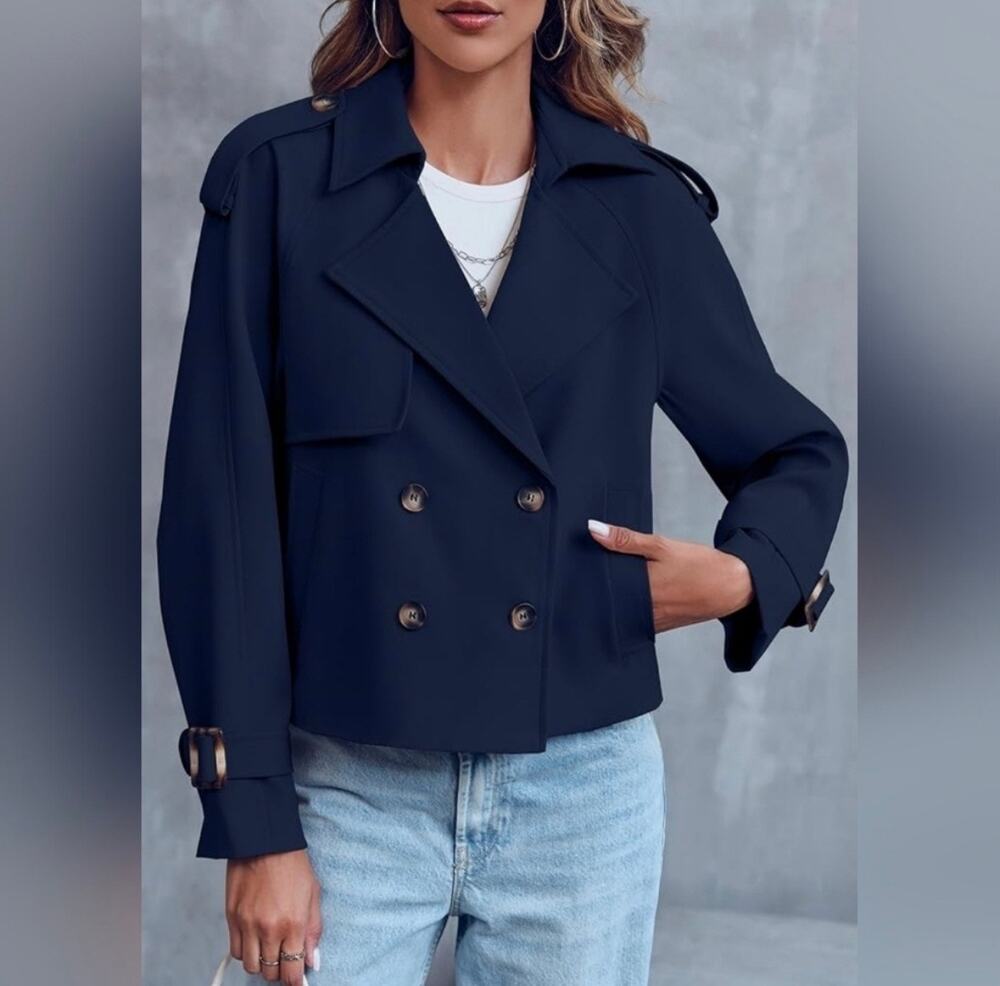 Womens Long Sleeve Trench Coat Lapel Double Breasted Loose Jacket Pockets NWT